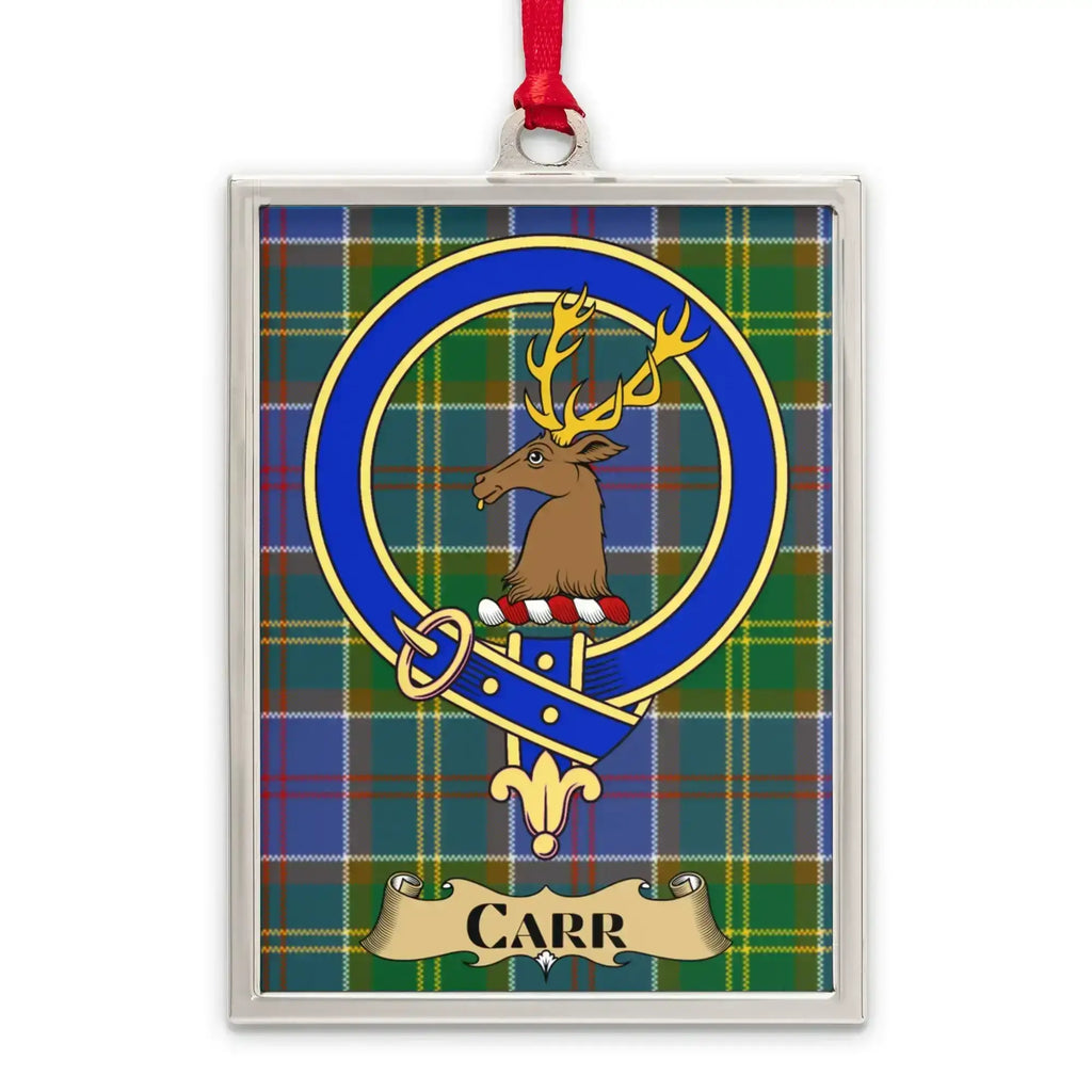 Carr tartan-background crest ornament shown as a Scottish heritage keepsake gift