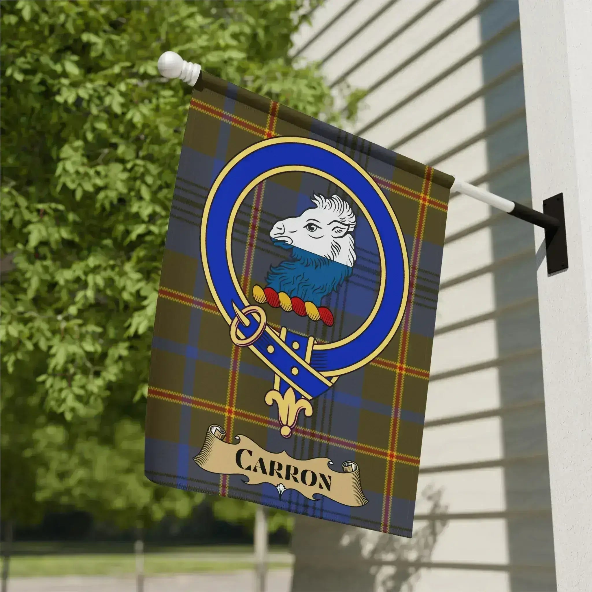 Carron clan crest tartan garden flag for outdoor display