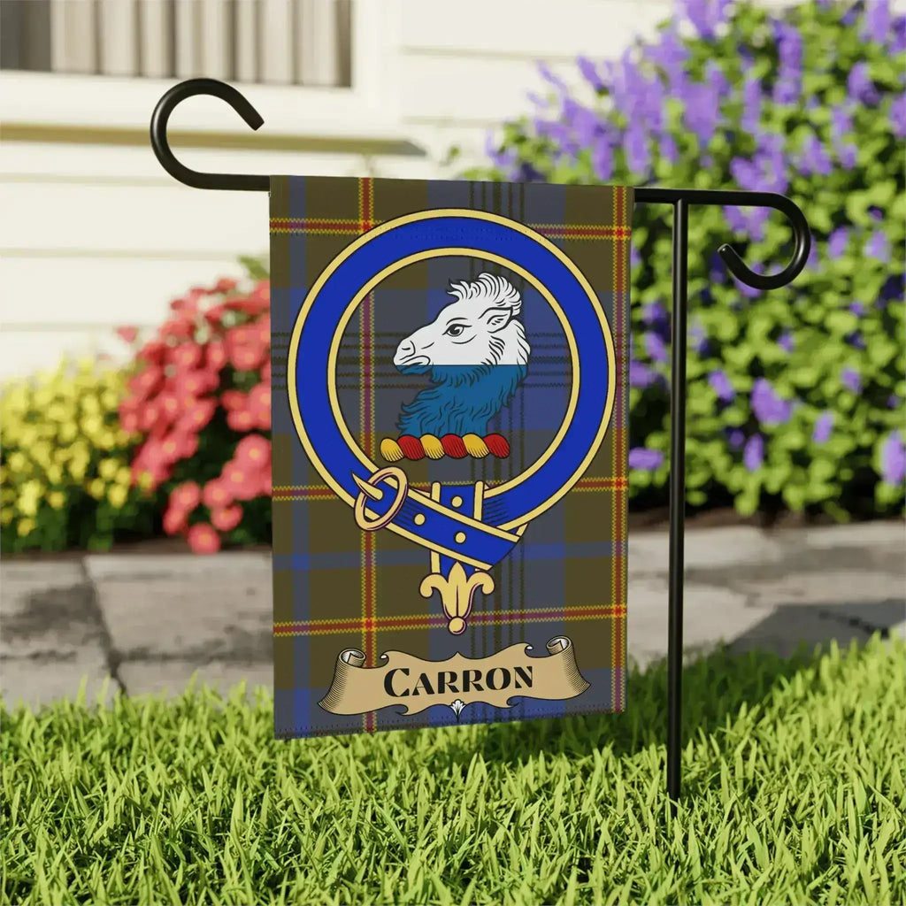 Carron tartan garden flag shown in 12x18 and 24x32 inch sizes