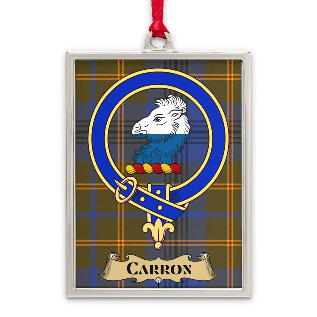 Carron tartan-background crest ornament shown as a Scottish heritage keepsake gift
