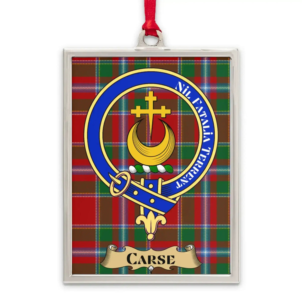 Carse tartan-background crest ornament shown as a Scottish heritage keepsake gift