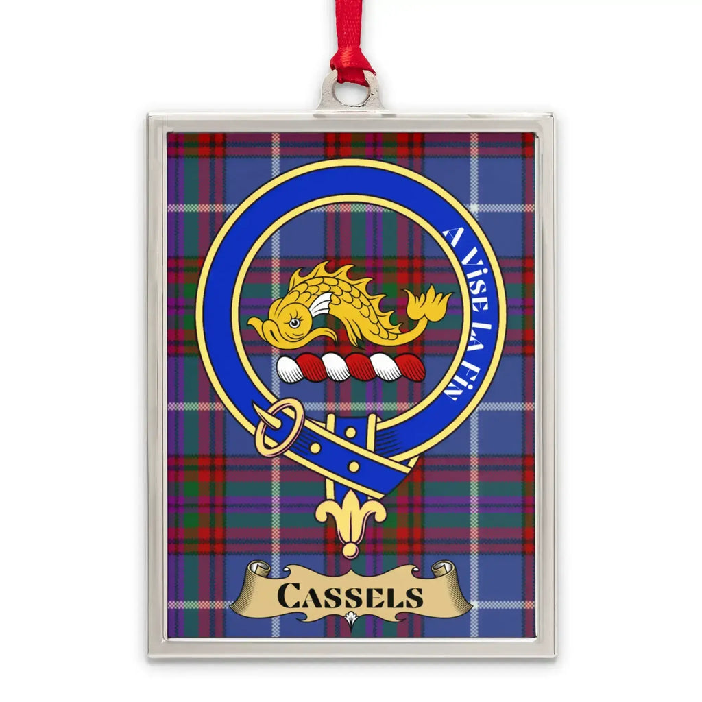 Cassels tartan-background crest ornament shown as a Scottish heritage keepsake gift