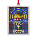 Cassels tartan-background crest ornament shown as a Scottish heritage keepsake gift