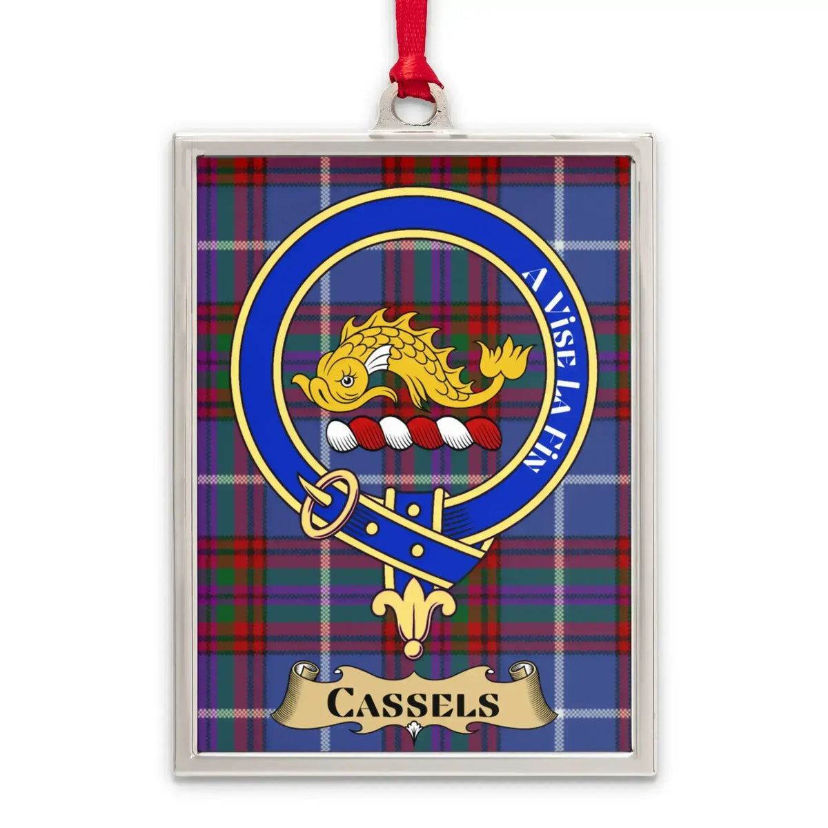 Cassels tartan-background crest ornament shown as a Scottish heritage keepsake gift