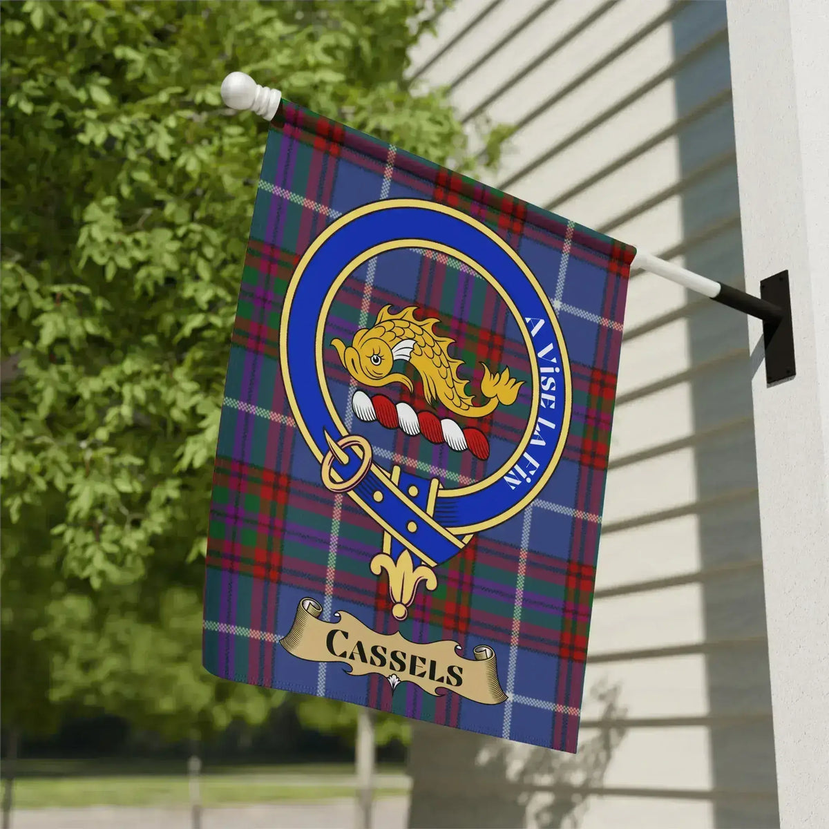 Cassels clan crest tartan garden flag for outdoor display