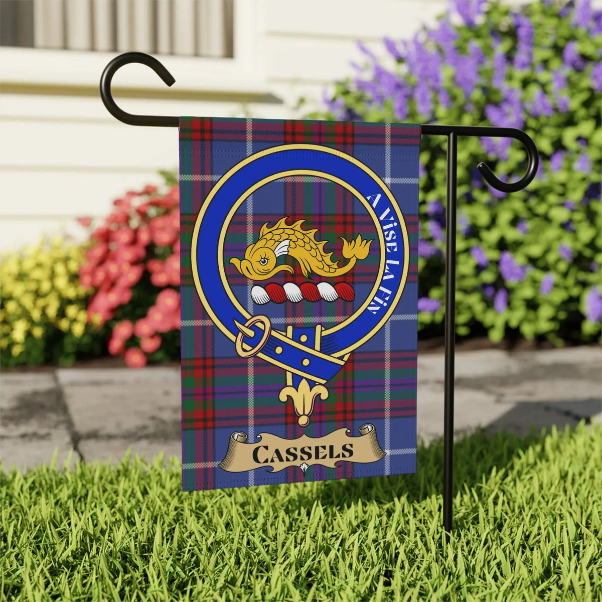 Cassels tartan garden flag shown in 12x18 and 24x32 inch sizes