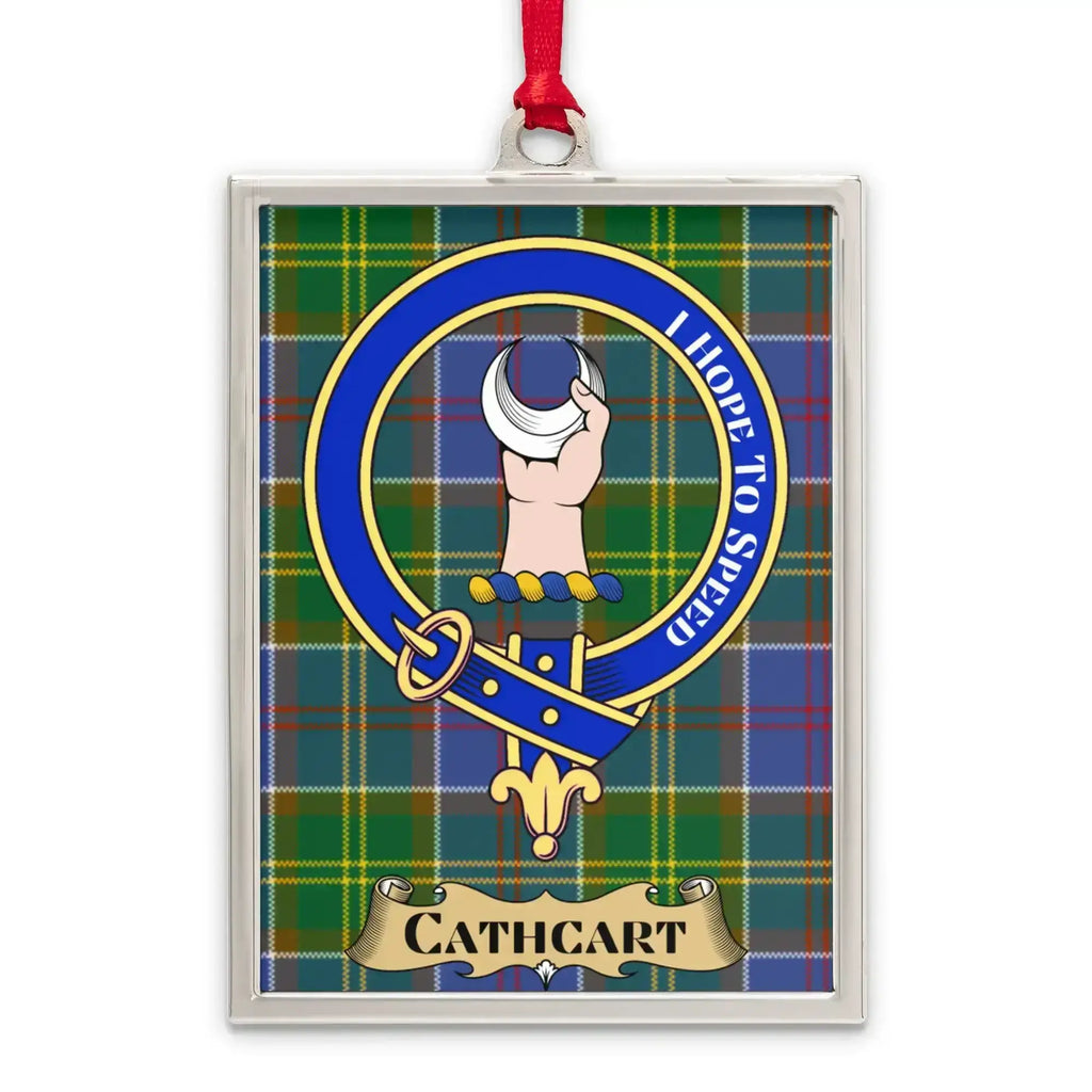 Cathcart tartan-background crest ornament shown as a Scottish heritage keepsake gift