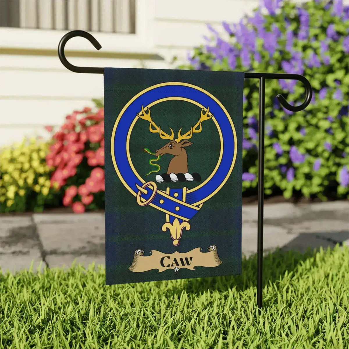 Caw tartan garden flag shown in 12x18 and 24x32 inch sizes