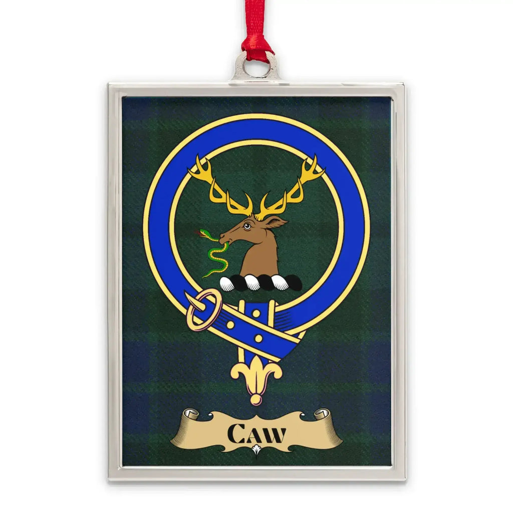 Caw tartan-background crest ornament shown as a Scottish heritage keepsake gift