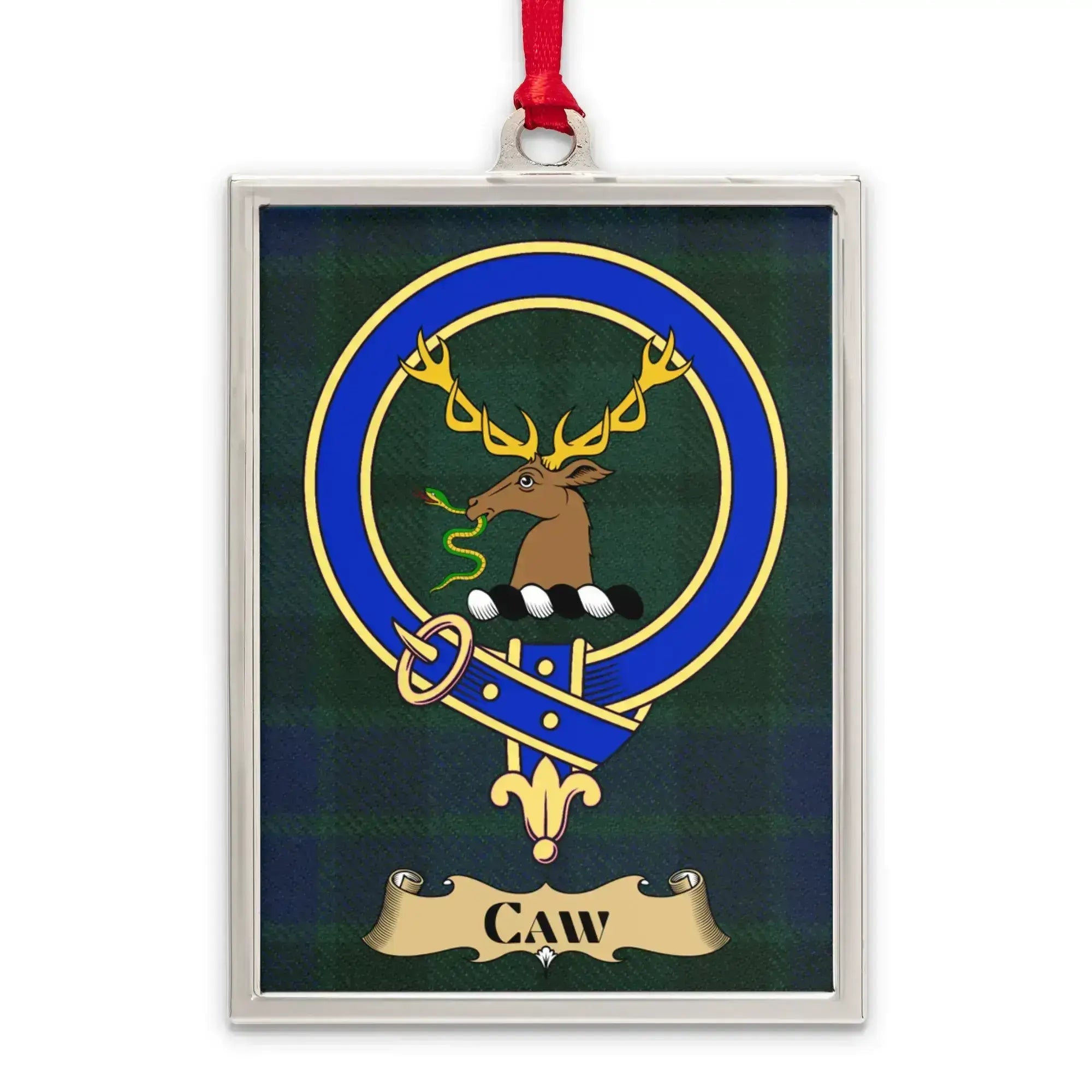 Caw tartan-background crest ornament shown as a Scottish heritage keepsake gift