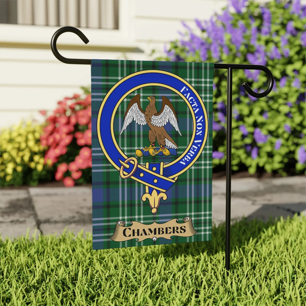 Chambers tartan garden flag shown in 12x18 and 24x32 inch sizes