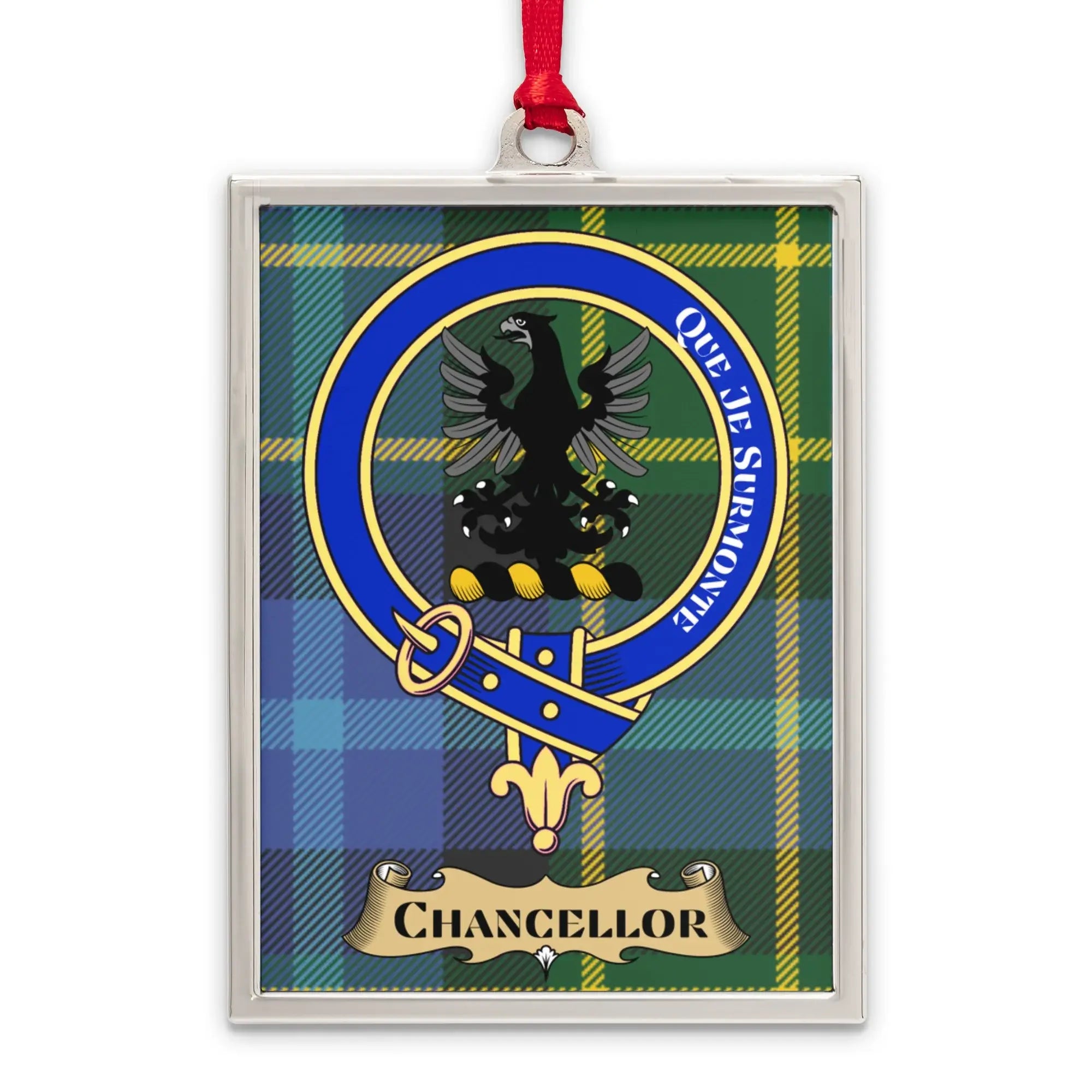 Chancellor tartan-background crest ornament shown as a Scottish heritage keepsake gift