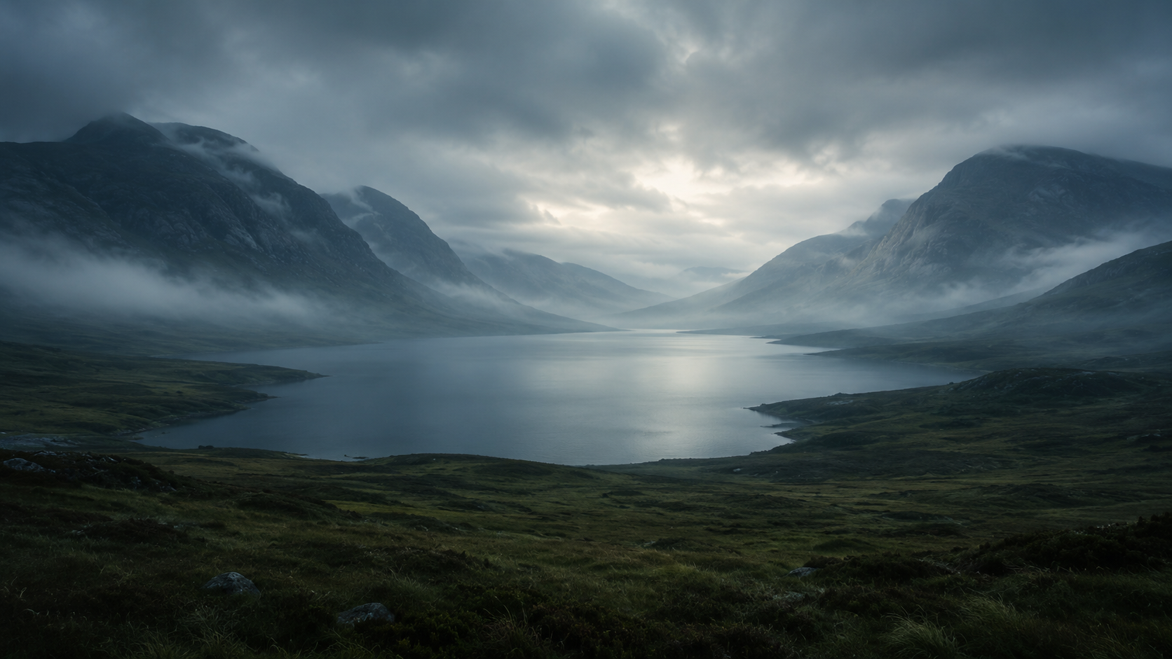 Misty Highland glen at dawn with a still loch and mountains fading into cloud