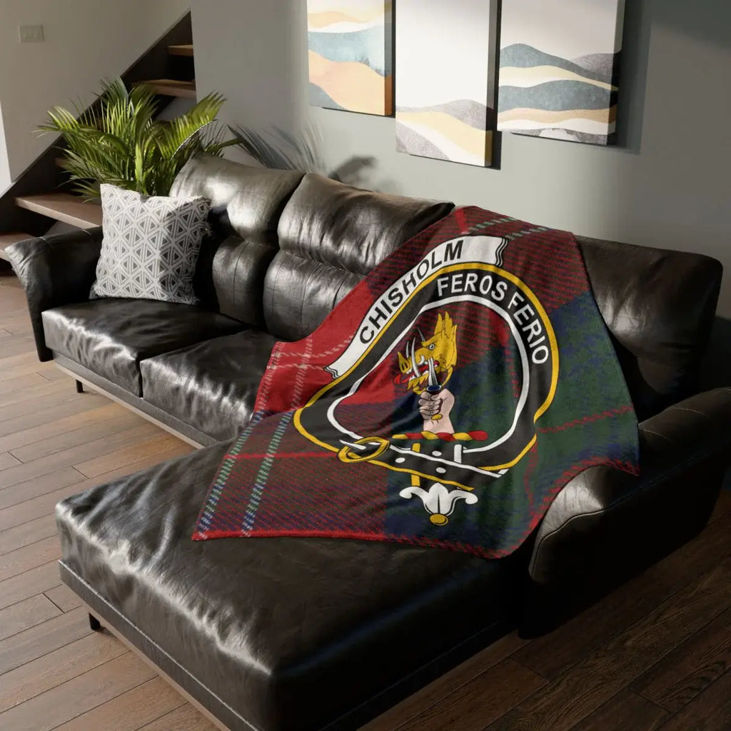 Chisholm clan crest tartan throw blanket on sofa — 50x60 polyester, green-red clan design
