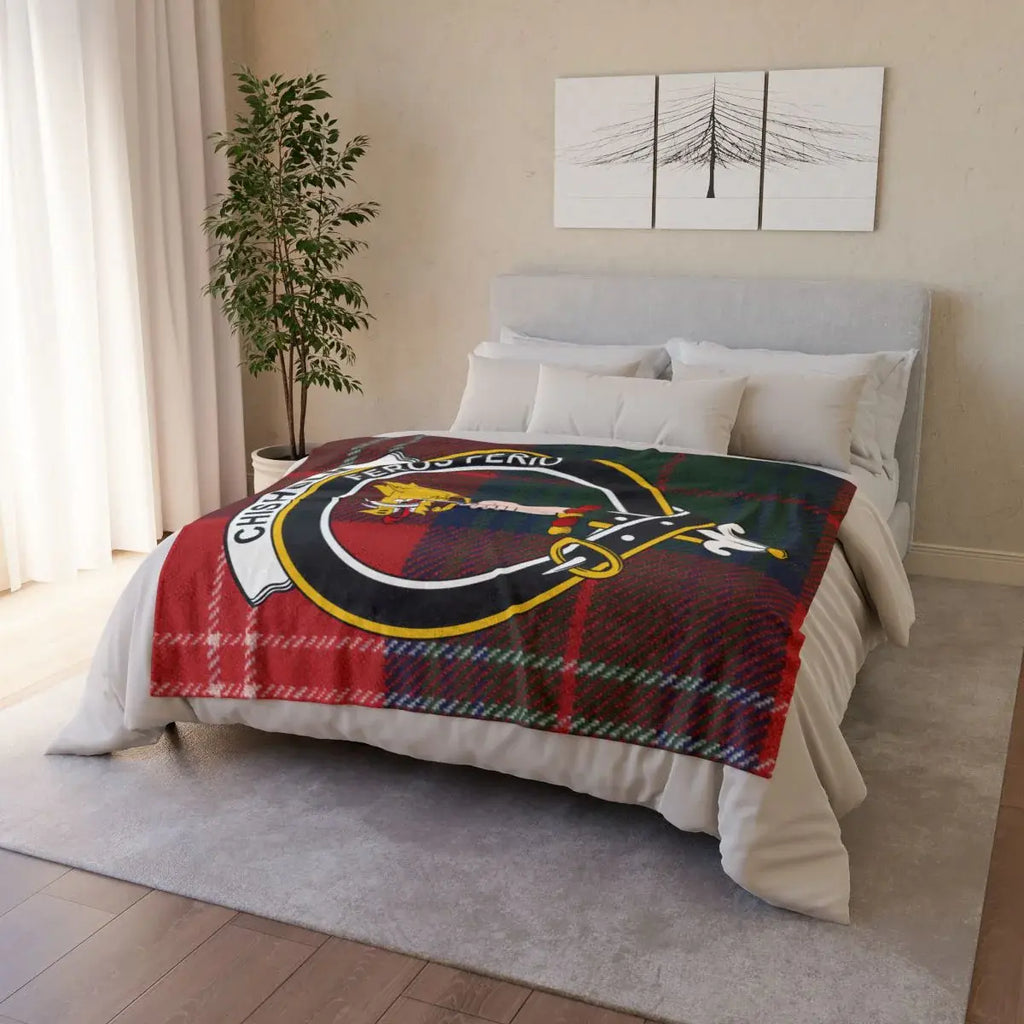 Chisholm tartan throw blanket folded — lightweight printed polyester, hemmed edges