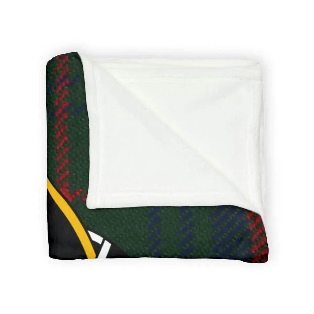 Chisholm clan crest throw blanket laid flat — 100% polyester, 50x60, green plaid pattern