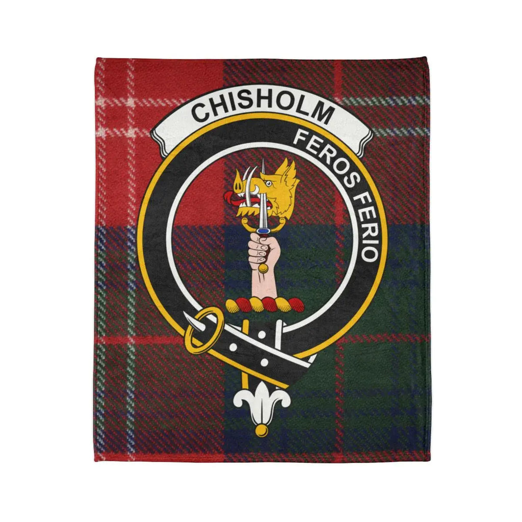 Chisholm Feros Ferio tartan throw blanket — full clan crest design on 50x60 polyester