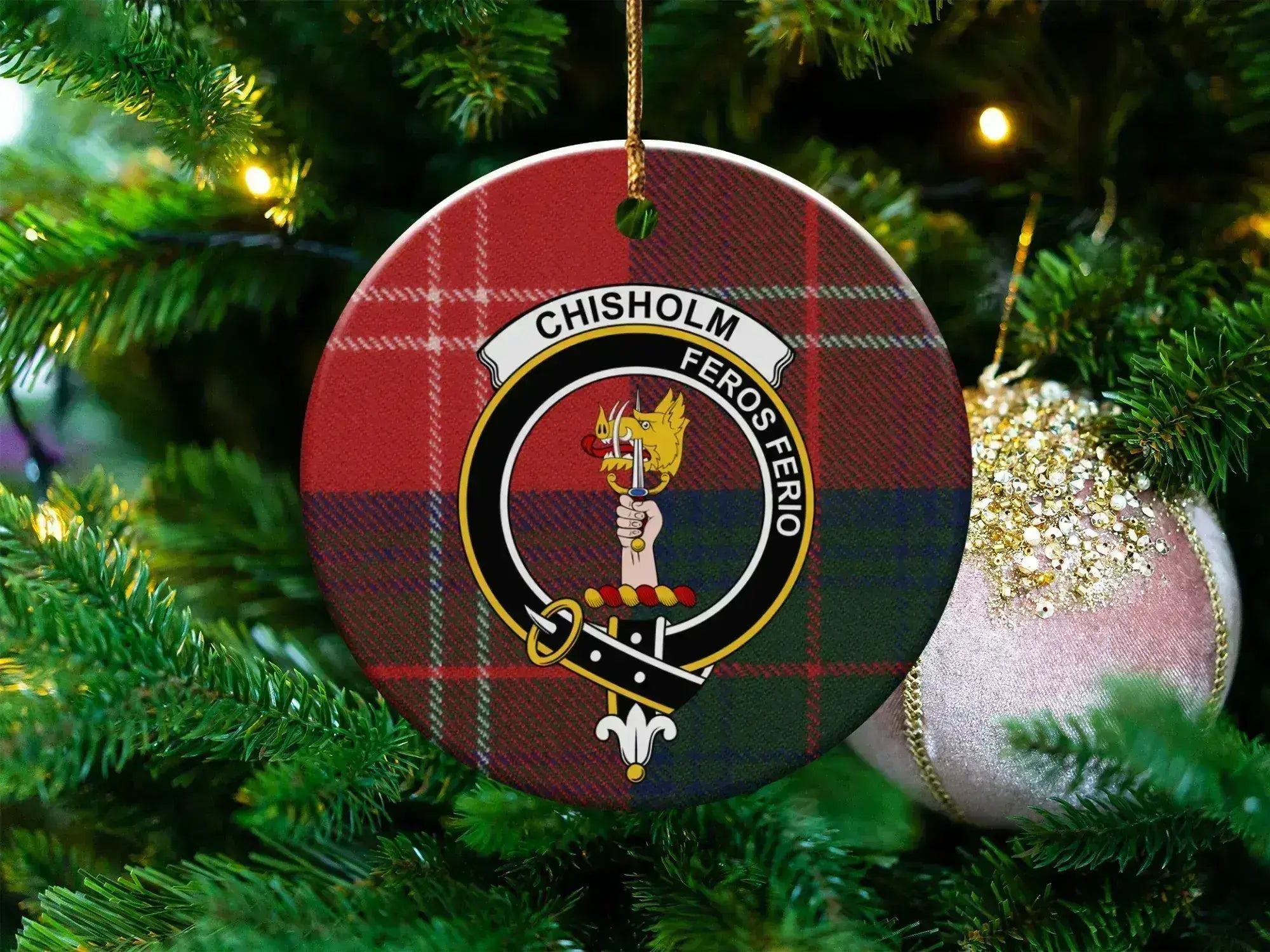 Chisholm clan tartan ceramic ornament — 3-inch round glossy disc with crest and Feros Ferio motto
