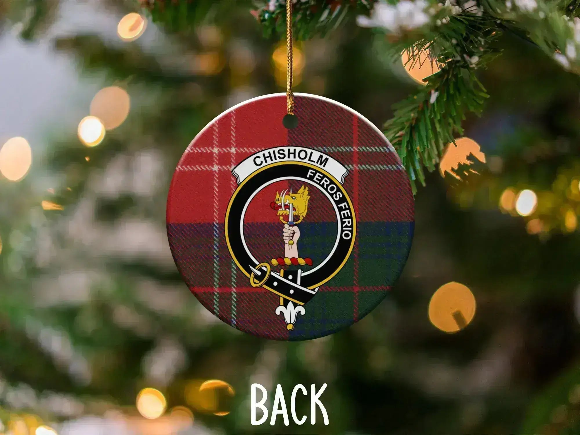 Chisholm Feros Ferio tartan crest Christmas tree ornament — 3-inch ceramic, ribbon hanger