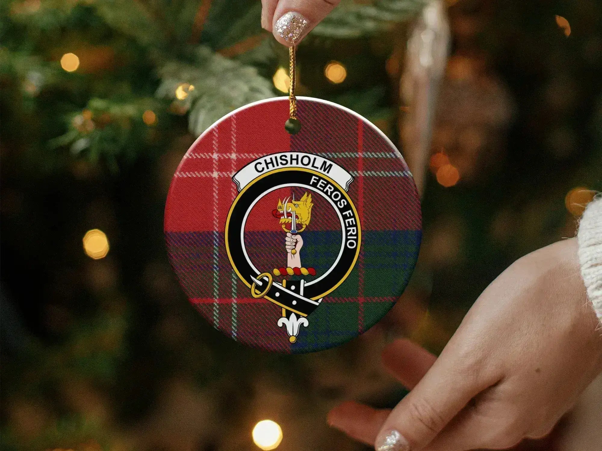 Chisholm Feros Ferio plaid ceramic ornament close-up — glossy finish, double-sided 3-inch disc