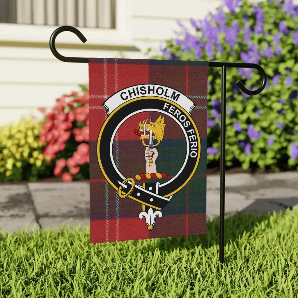 Chisholm Feros Ferio tartan garden flag 24x32 inches — larger outdoor size with clan crest