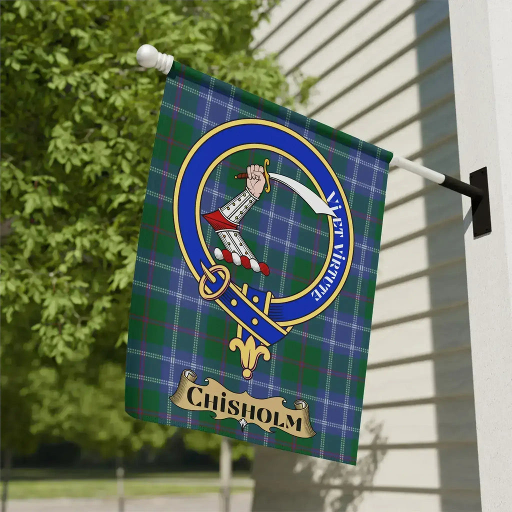Chisholm clan crest tartan garden flag — poly poplin-canvas with green-red heraldic design