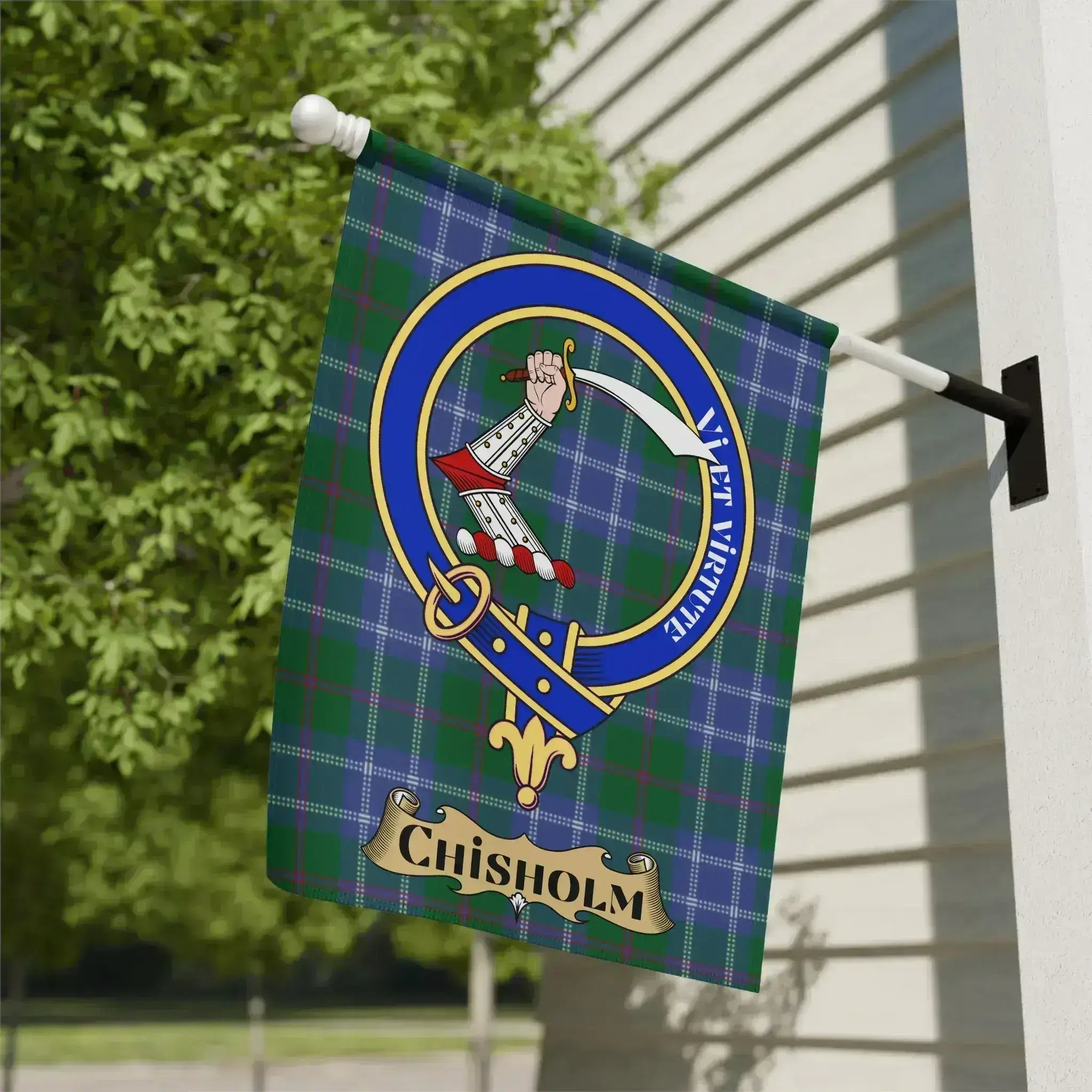 Chisholm clan crest tartan garden flag — poly poplin-canvas with green-red heraldic design