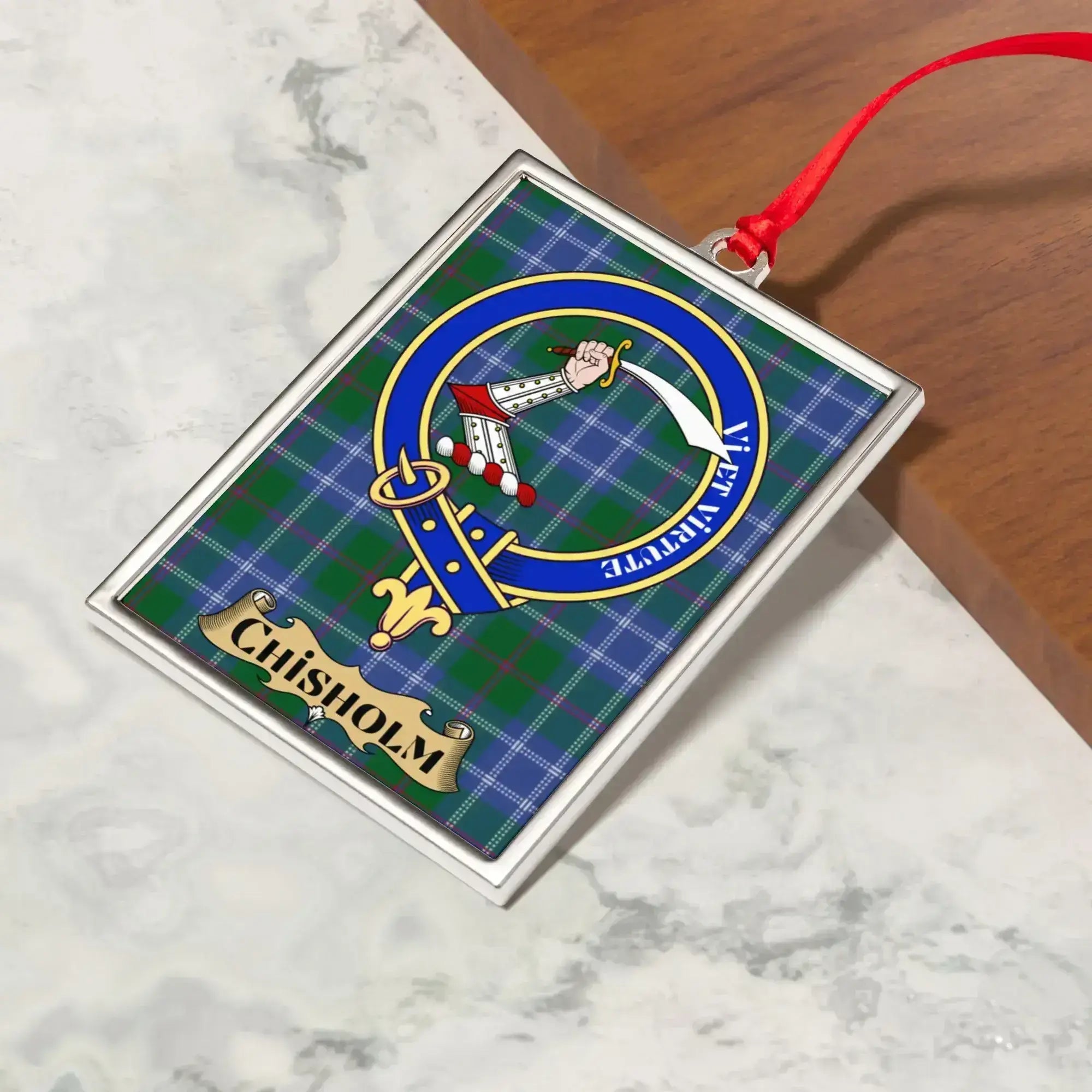 Chisholm clan crest ornament hanging — decorative Scottish heritage Christmas keepsake