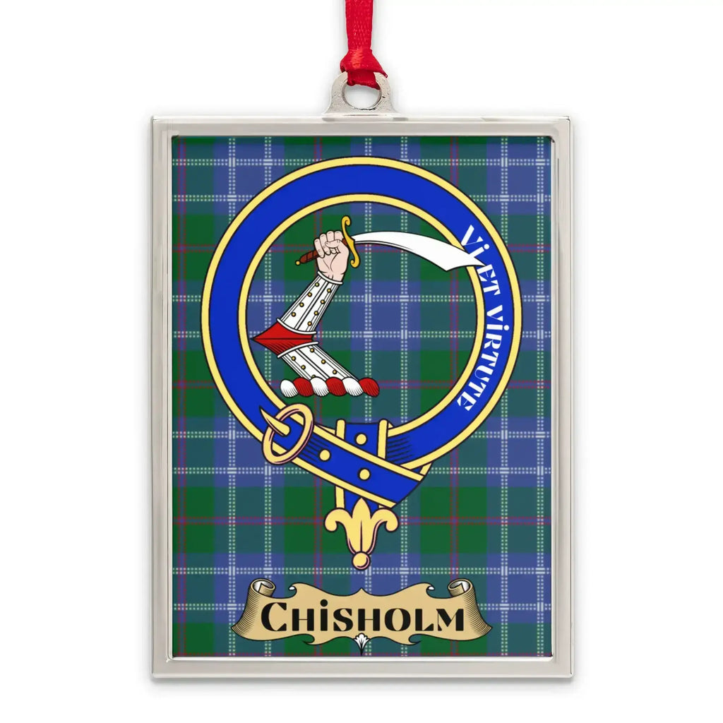 Chisholm clan plaid ornament close-up — heraldic crest and Feros Ferio motto visible