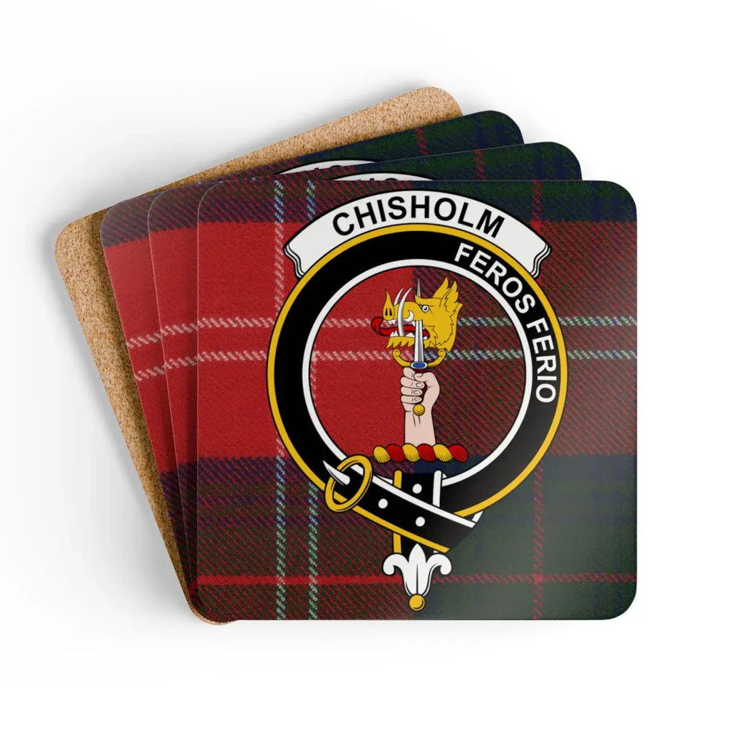Chisholm clan crest tartan coaster set of 4 — natural cork squares with sealed green-red design