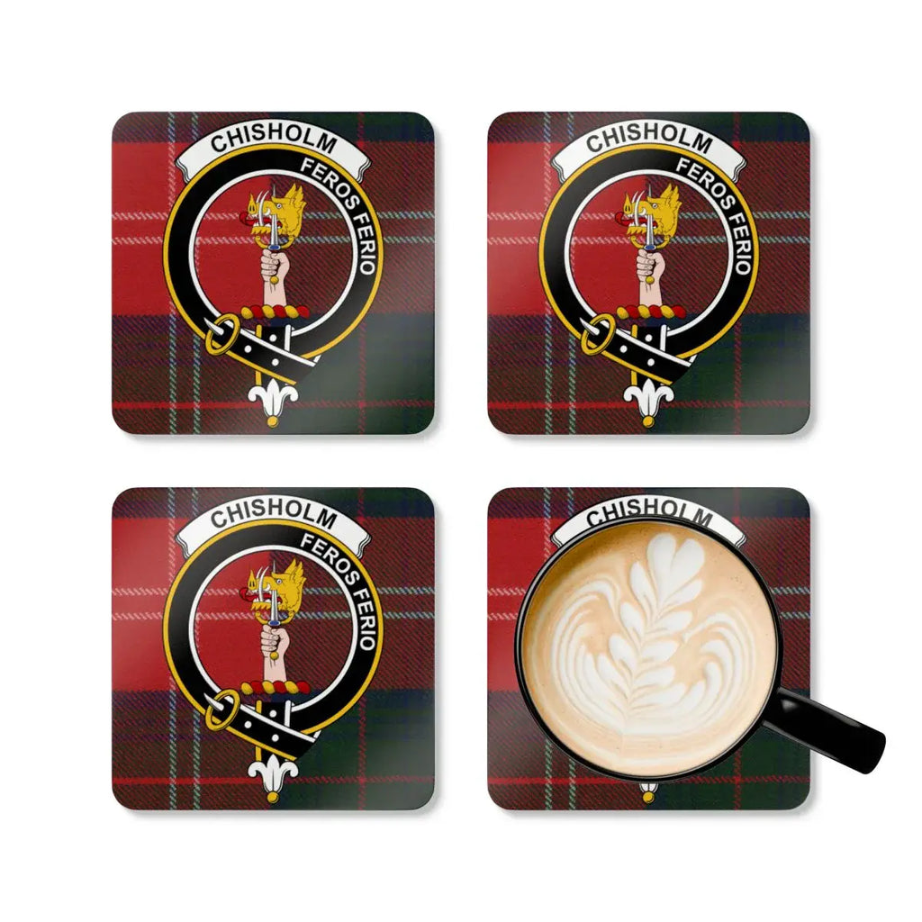 Chisholm Feros Ferio tartan coaster set — four cork coasters with clan crest design