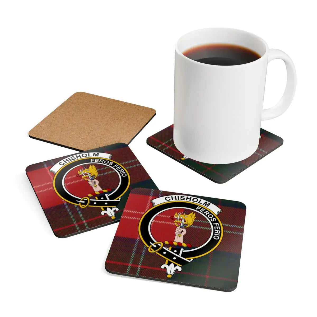 Chisholm clan tartan square coaster — 3.75-inch corkwood with sealed heraldic print
