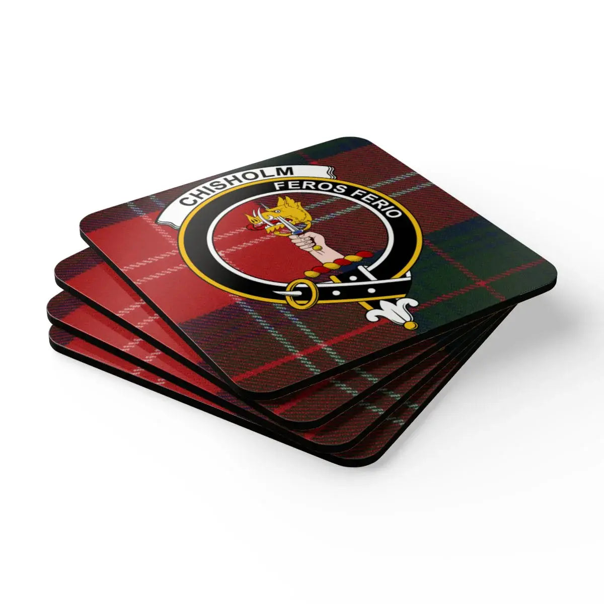 Chisholm Scottish tartan clan crest coasters — set of four cork squares with Feros Ferio