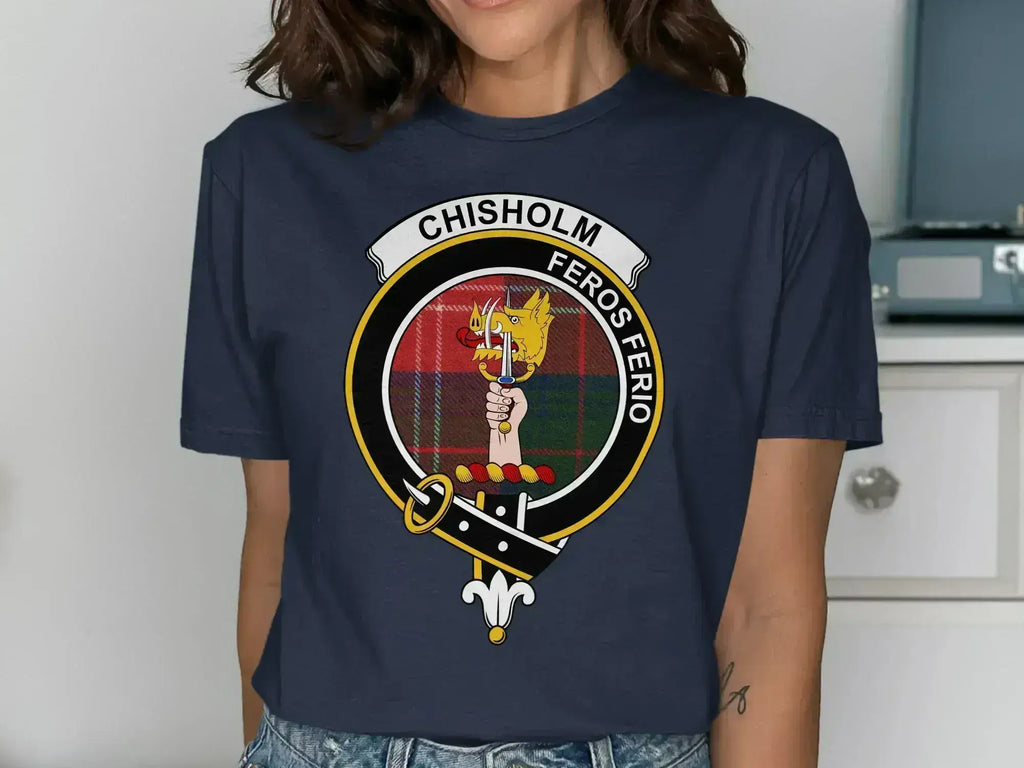 Chisholm tartan tee in navy — clan crest and Feros Ferio design on chest, unisex cotton