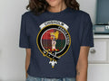 Chisholm tartan tee in navy — clan crest and Feros Ferio design on chest, unisex cotton