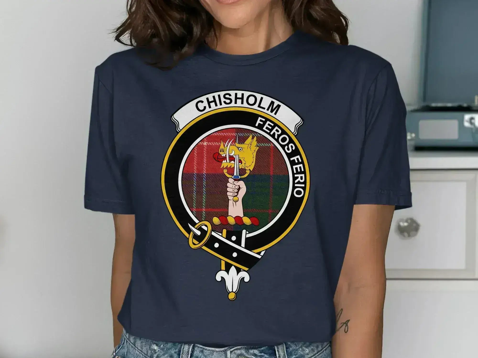 Chisholm tartan tee in navy — clan crest and Feros Ferio design on chest, unisex cotton