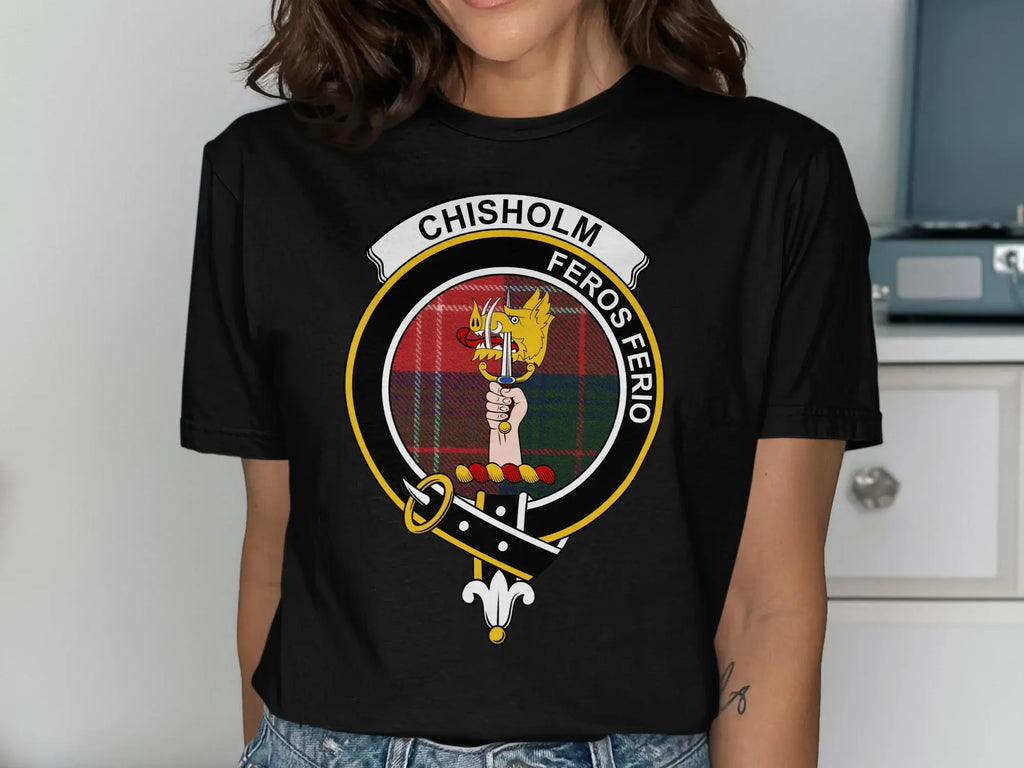 Chisholm Feros Ferio tartan badge t-shirt — clan crest on chest, cotton unisex fit