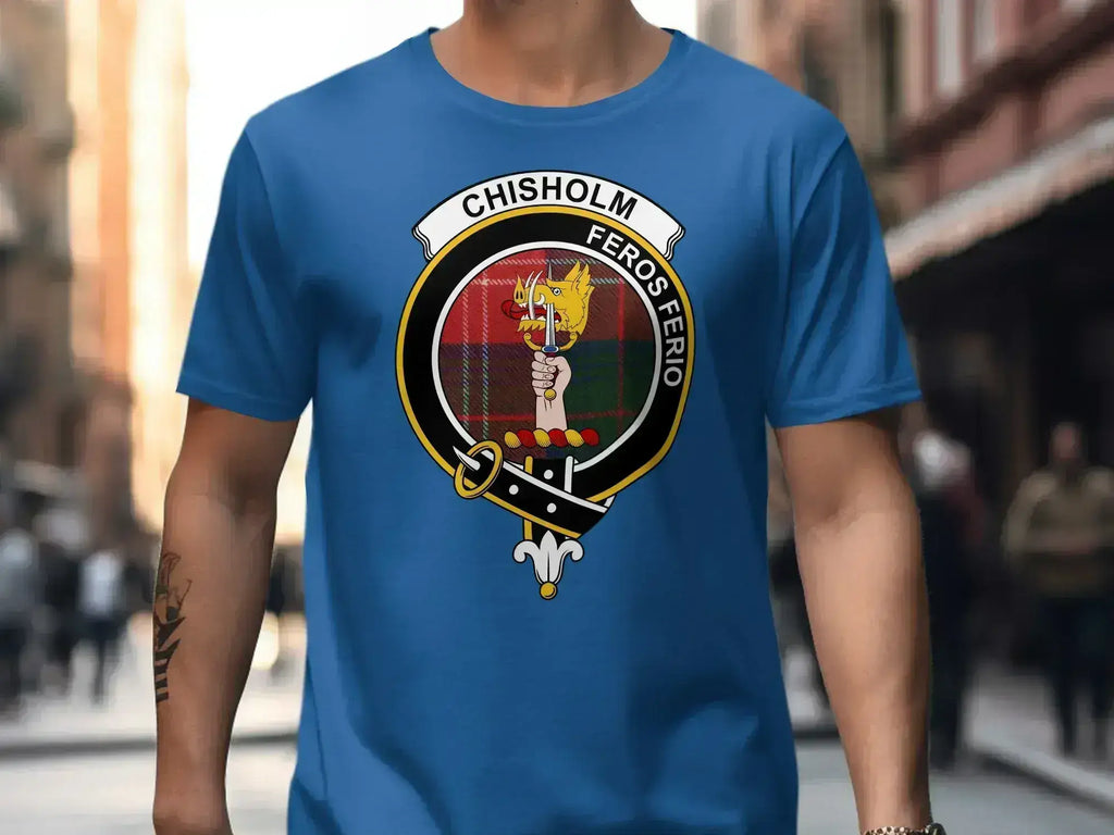 Chisholm clan crest t-shirt front view — tartan heraldic design with Feros Ferio motto