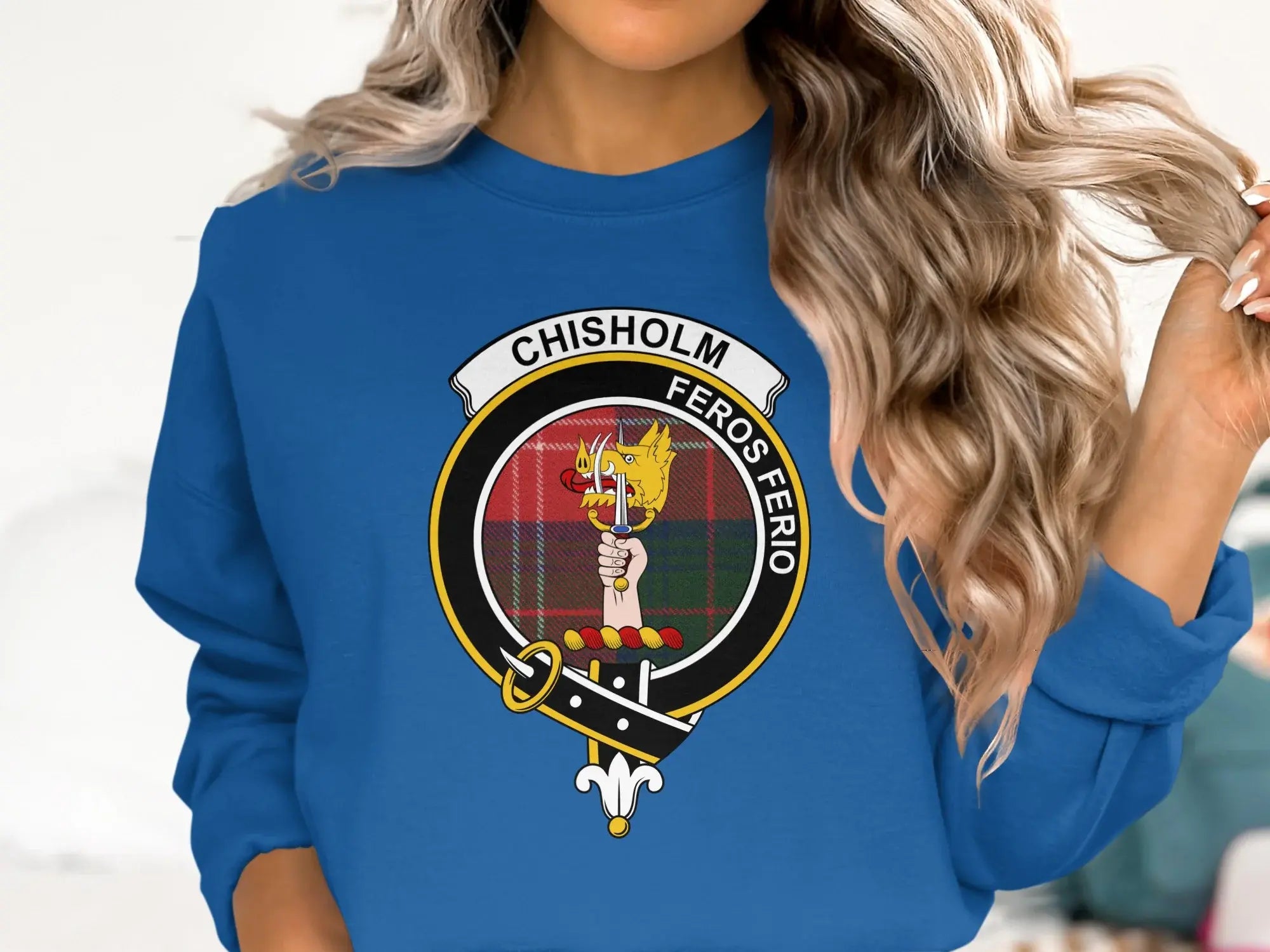 Chisholm clan crest sweatshirt — heraldic design on fleece, unisex construction