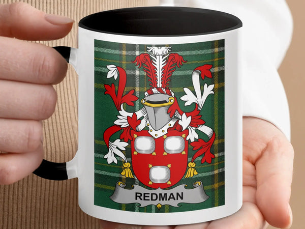Personalized Irish family crest mug with Irish national tartan background, custom surname gift
