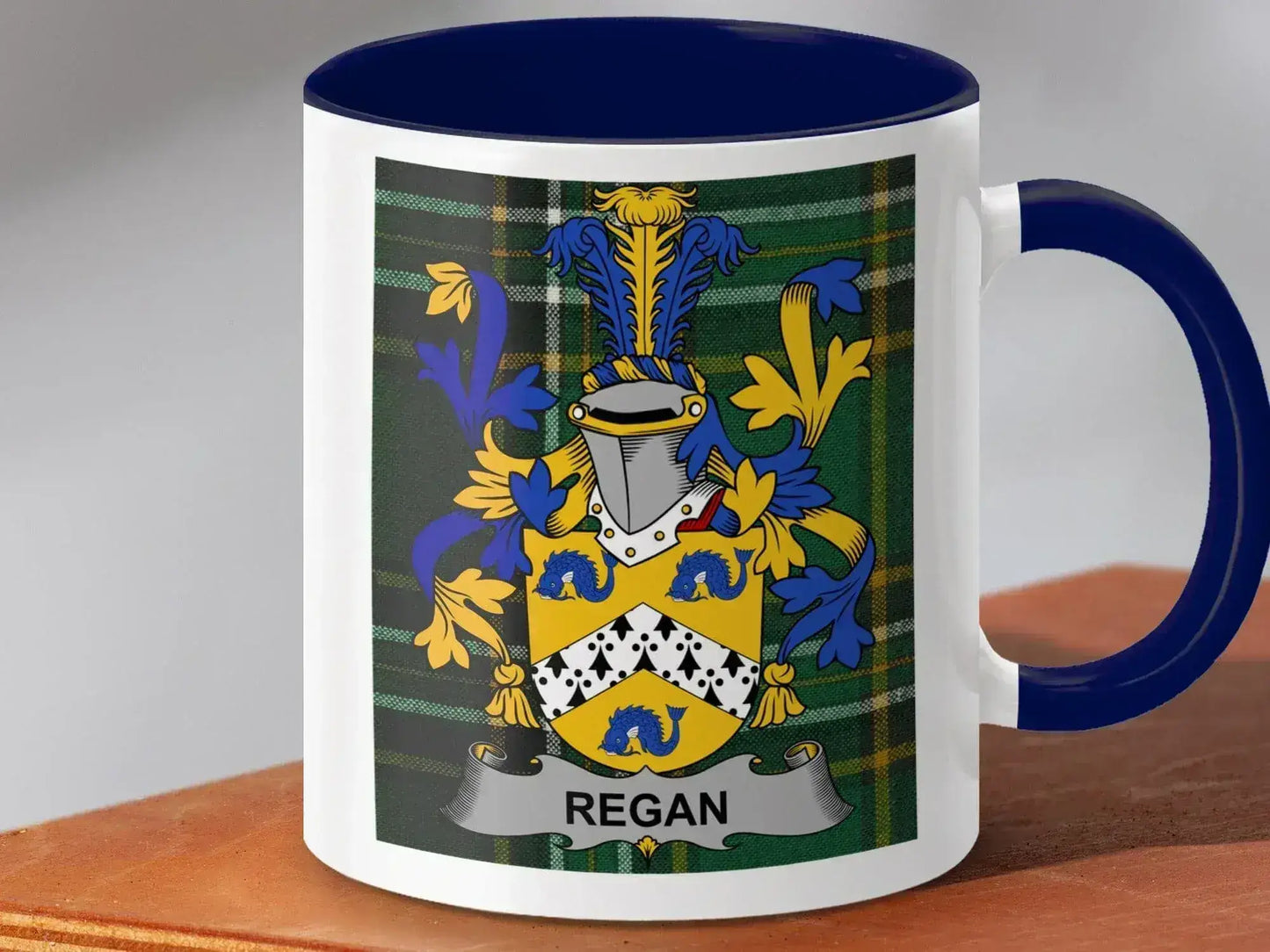 Family Crest Mug with Regal Green Plaid Background product