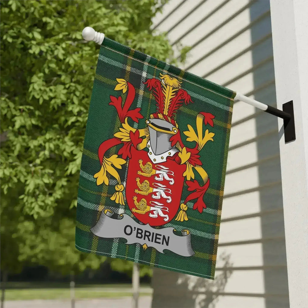Irish family crest garden flag shown outdoors, double-sided tartan background, made to order