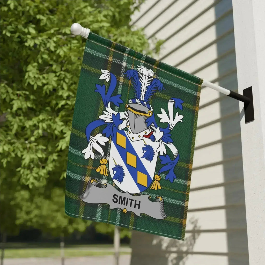 Choose-any-surname Irish garden flag, family crest on tartan, hung on a pole