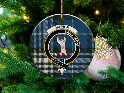 Personalized Scottish clan crest Christmas ornament with tartan background, custom surname