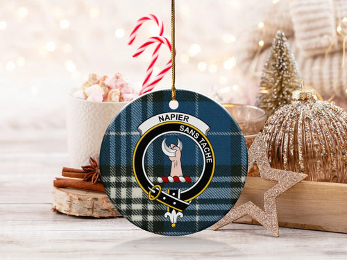 Scottish clan crest ceramic ornament shown on a tree, tartan background, made to order