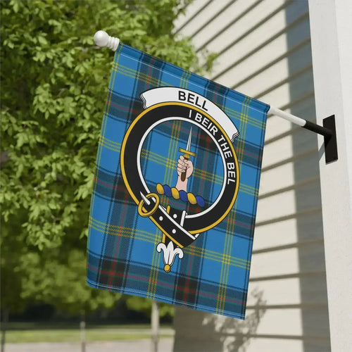 Personalized Scottish clan crest garden flag with tartan background, custom surname