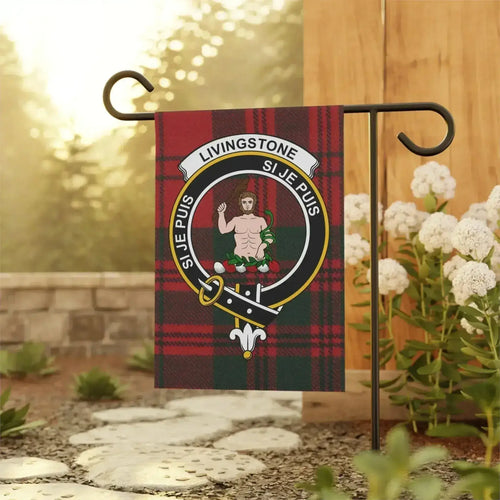 Scottish clan crest garden flag shown outdoors, double-sided tartan background, made to order