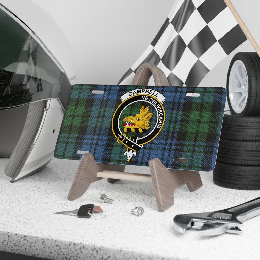Personalized Scottish clan crest novelty license plate with tartan background, custom surname