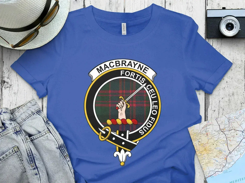 Close-up of a Scottish clan crest printed on a soft cotton-blend t-shirt