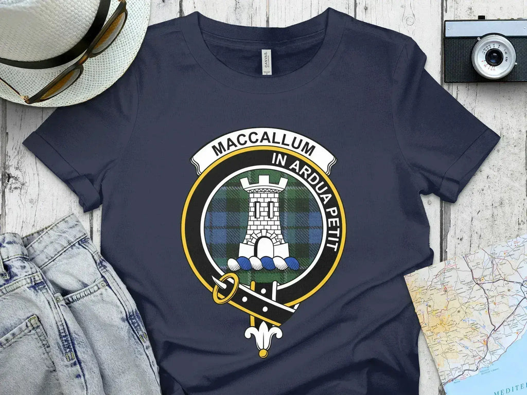 Custom Scottish heritage t-shirt in navy with clan crest on tartan